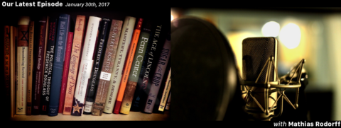 Graphic for podcast episode featuring Mathias Rodorff. Graphic shows a bookshelf with books about slavery and abolition on one half and a microphone on the other half